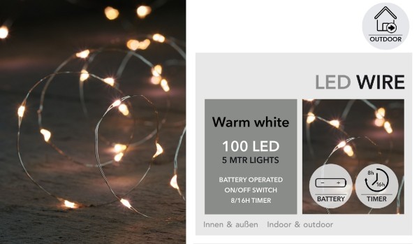 LED Silberdraht 100L L5m (Timer/3xAA/IP44/Outdoor)